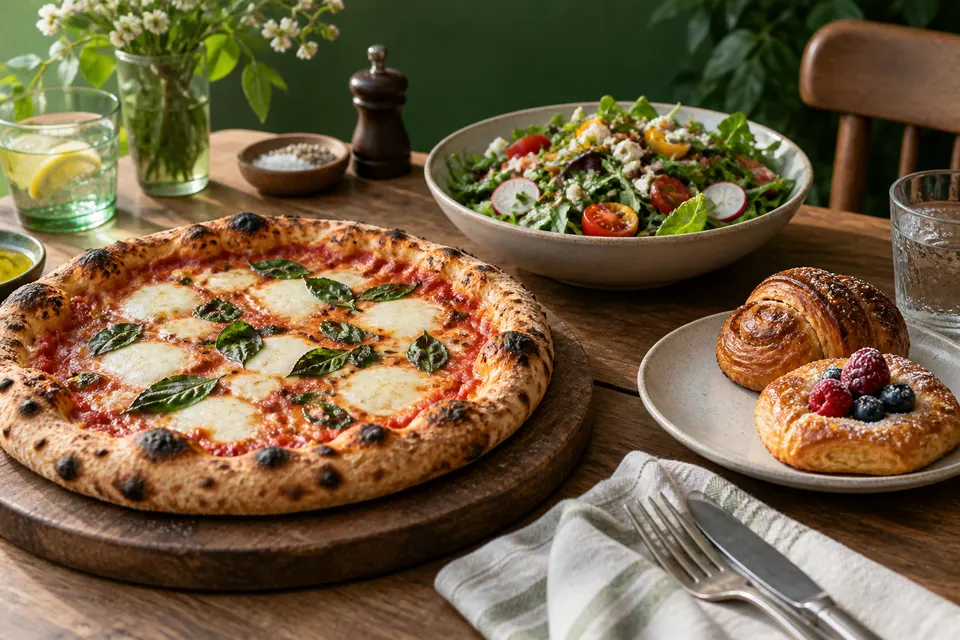 Illustrative pizza, salad and pastries on a dining table
